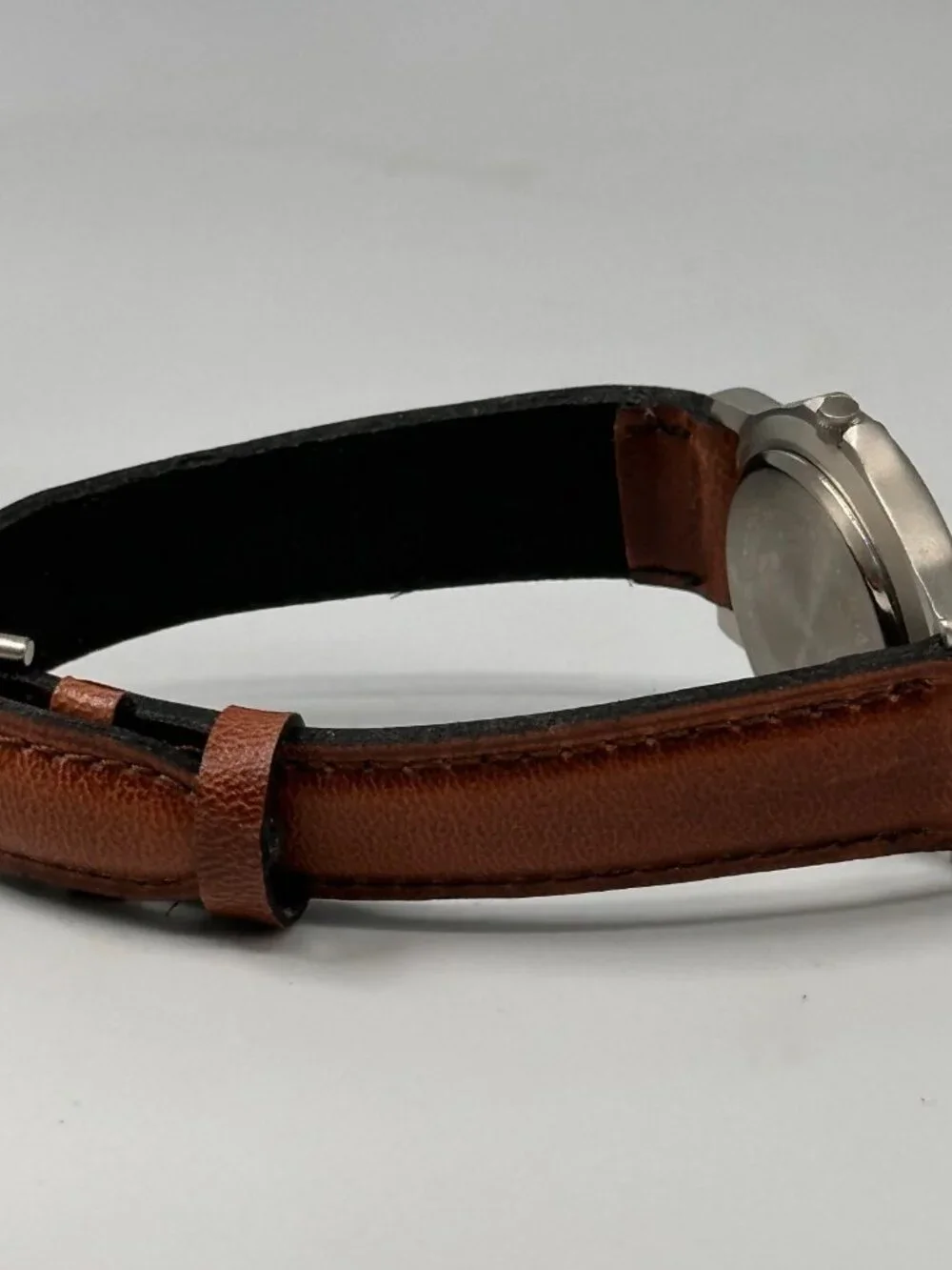 Time Watch Men Silver Tone Black Dial Brown Leather Band New Battery 9